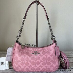 NWT 🎀Coach🎀 Teri Shoulder Crossbody Bag In Signature Canvas/Sv/Dusty Pink CV93